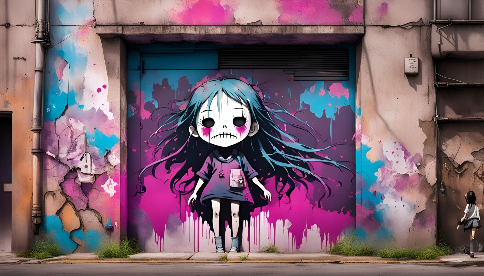 Eerie Anime Girl in Dystopian Cityscape