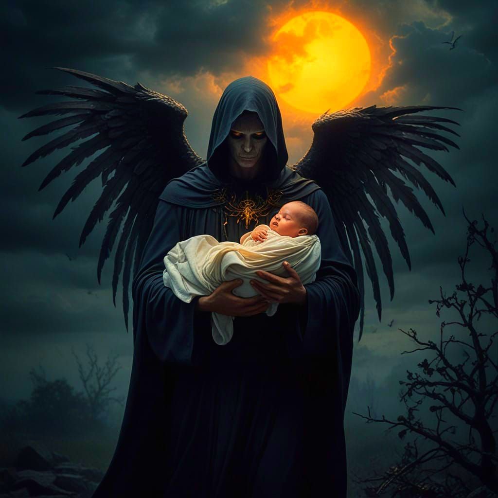 Surreal Death Personification Cradles Newborn Life in Dark, ...