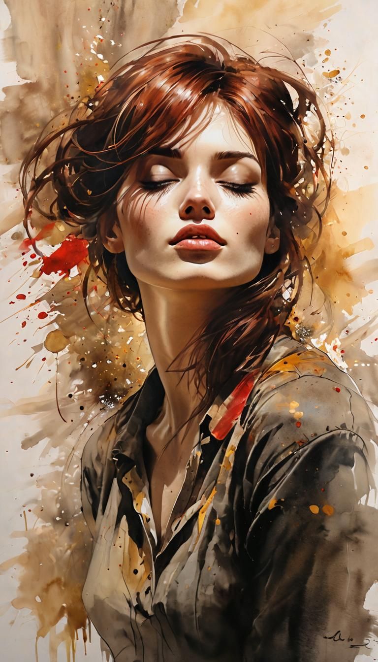 Woman, brown, auburn hair, mouth slightly parted (sensual), ...