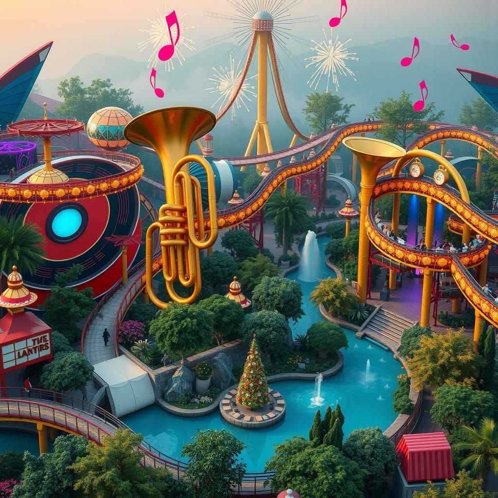 Vibrant Music-Themed Park with Instrument Rides
