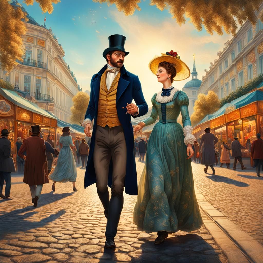 Viennese Dandy and Wife Strolling, Hyperrealistic Splash Art