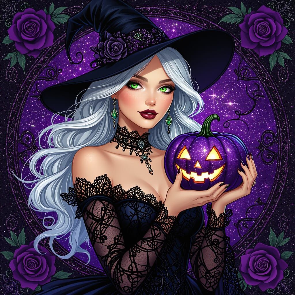 Captivating Witch with Pumpkin in Art Nouveau Style