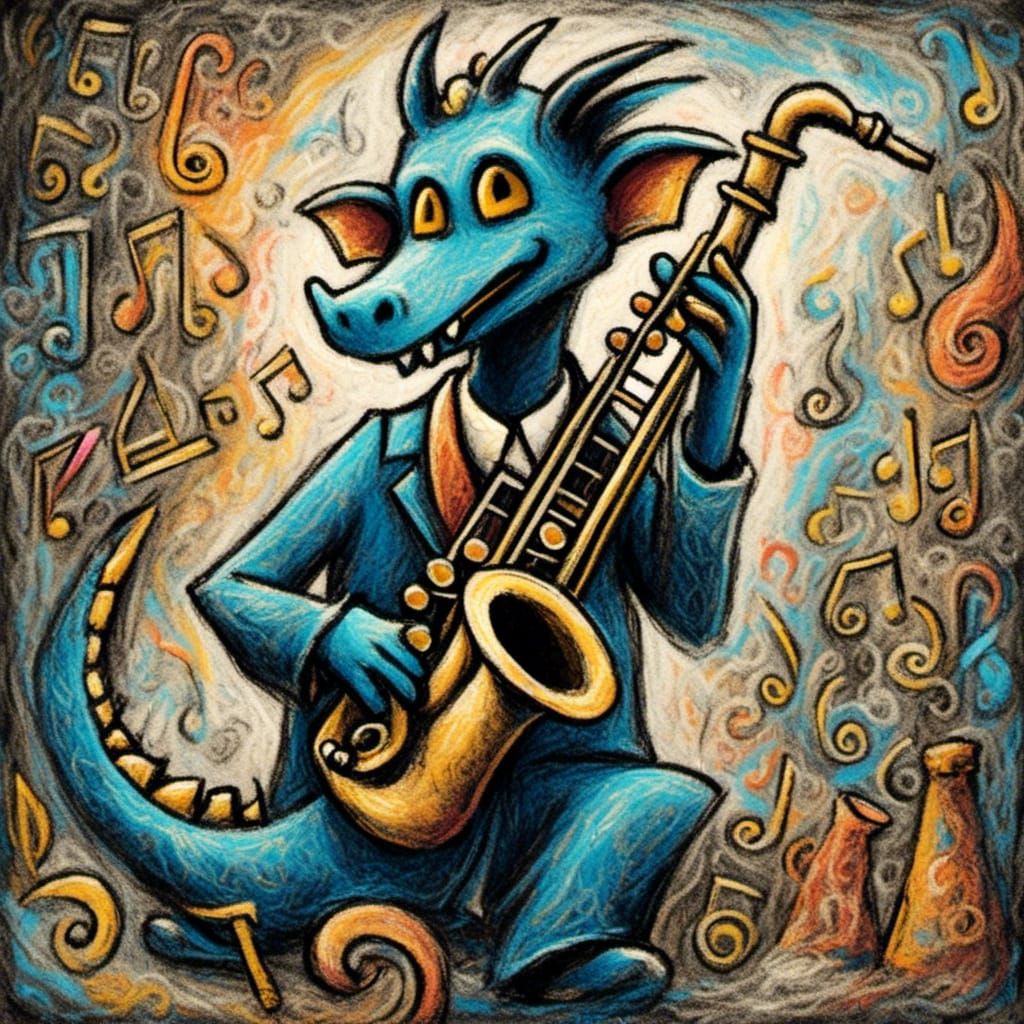 <lora:Pastel Wings:1.0> Surrealistic jazz scene. Close-up shot. A dragon with a jazz hoard,   wearing a zootsuit and fed...
