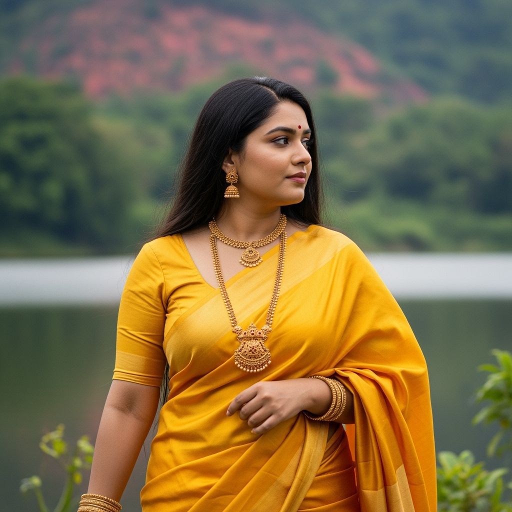 Woman in Yellow Saree by Lake, Hyperrealistic Art