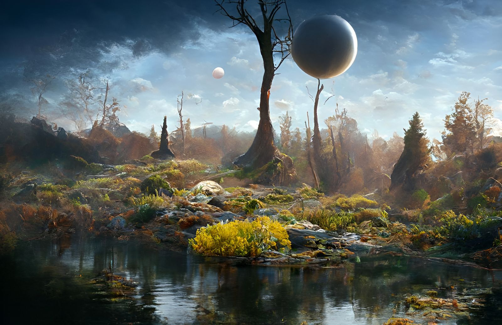 Alien Moonrise: Sci-Fi Fantasy Landscape in Pointillism