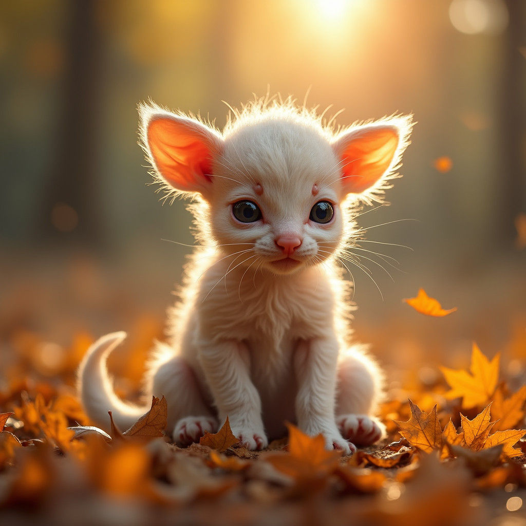 Cute Calf Kitten Lounging on Autumn Leaves