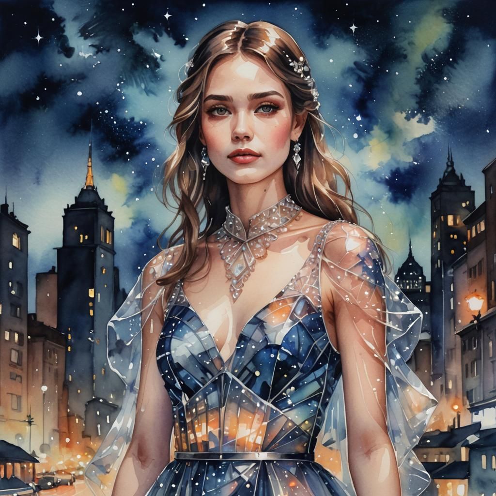 Girl in Glass Dress Watercolor Portrait