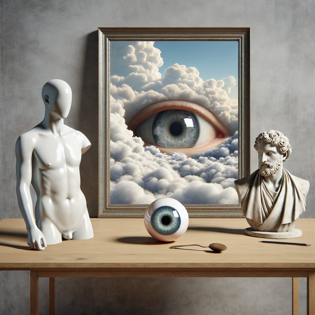 Surreal Still Life with Ghost, Statue, and Sky