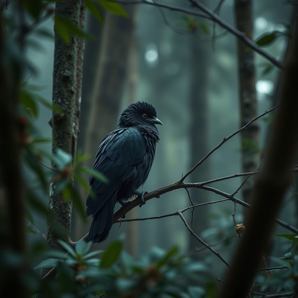 Kōkako Bird in Misty Forest, Hyperrealistic HDR