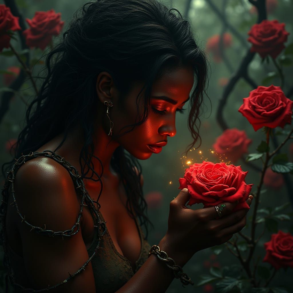 Sorrowful Jamaican Woman Trapped by Thorns and Despair