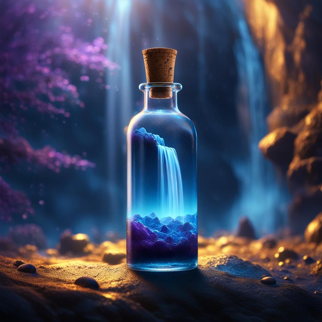 Mystical Waterfall Inside Glass Bottle: Fantasy Concept Art