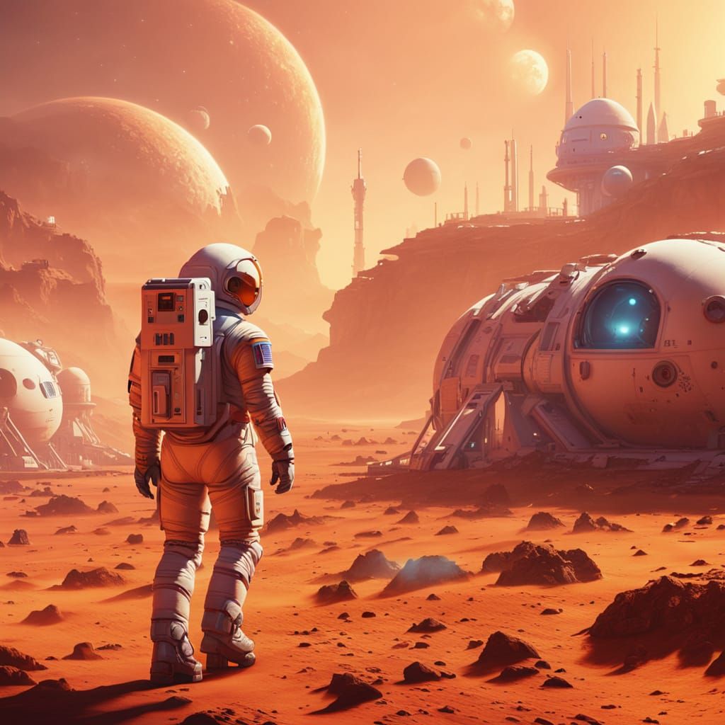 Astronaut in Mars Colony: Ethereal Fantasy in Kinkade Style