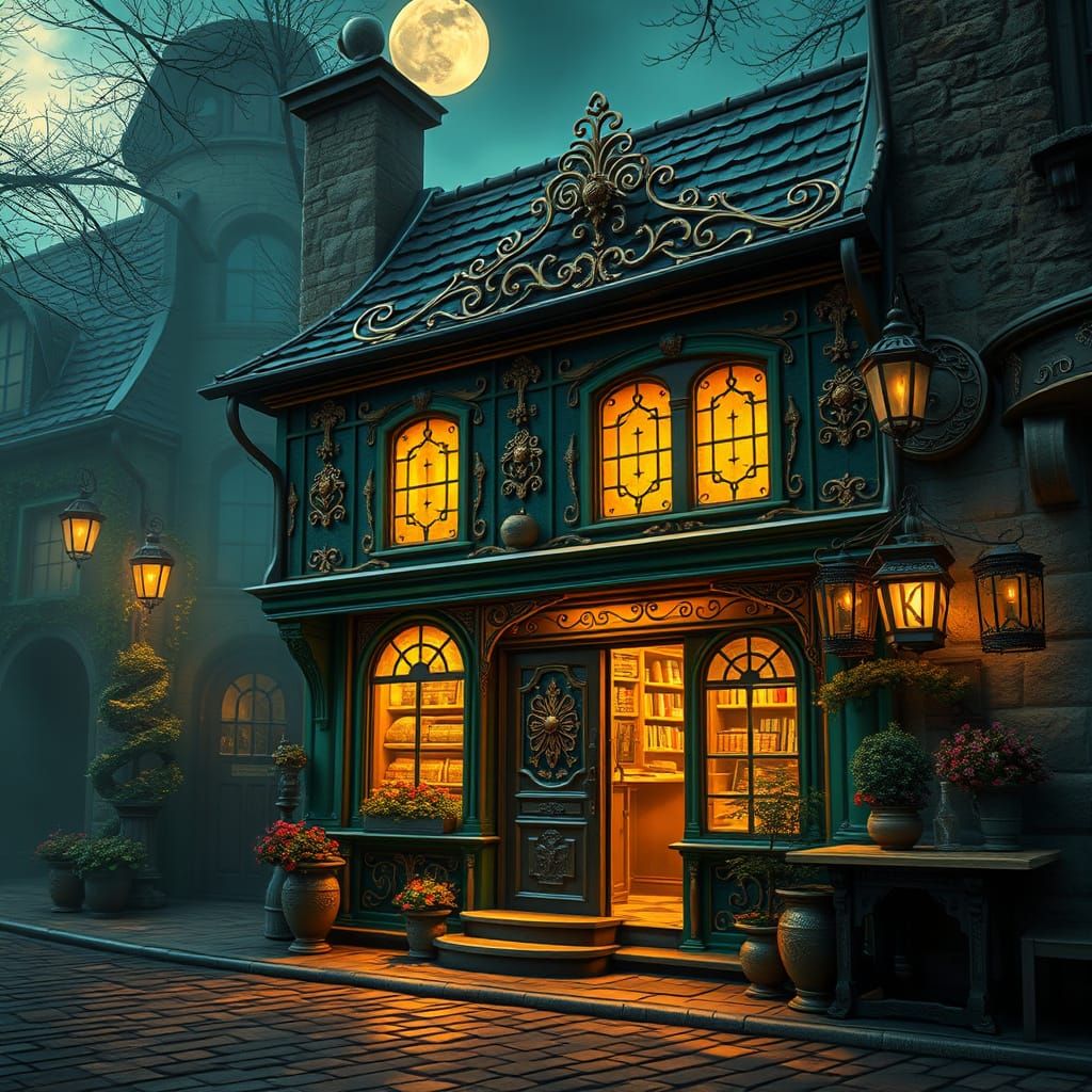 Moonlit Whimsy: A Mystical Chocolate Shop in Dreamlike Setti...