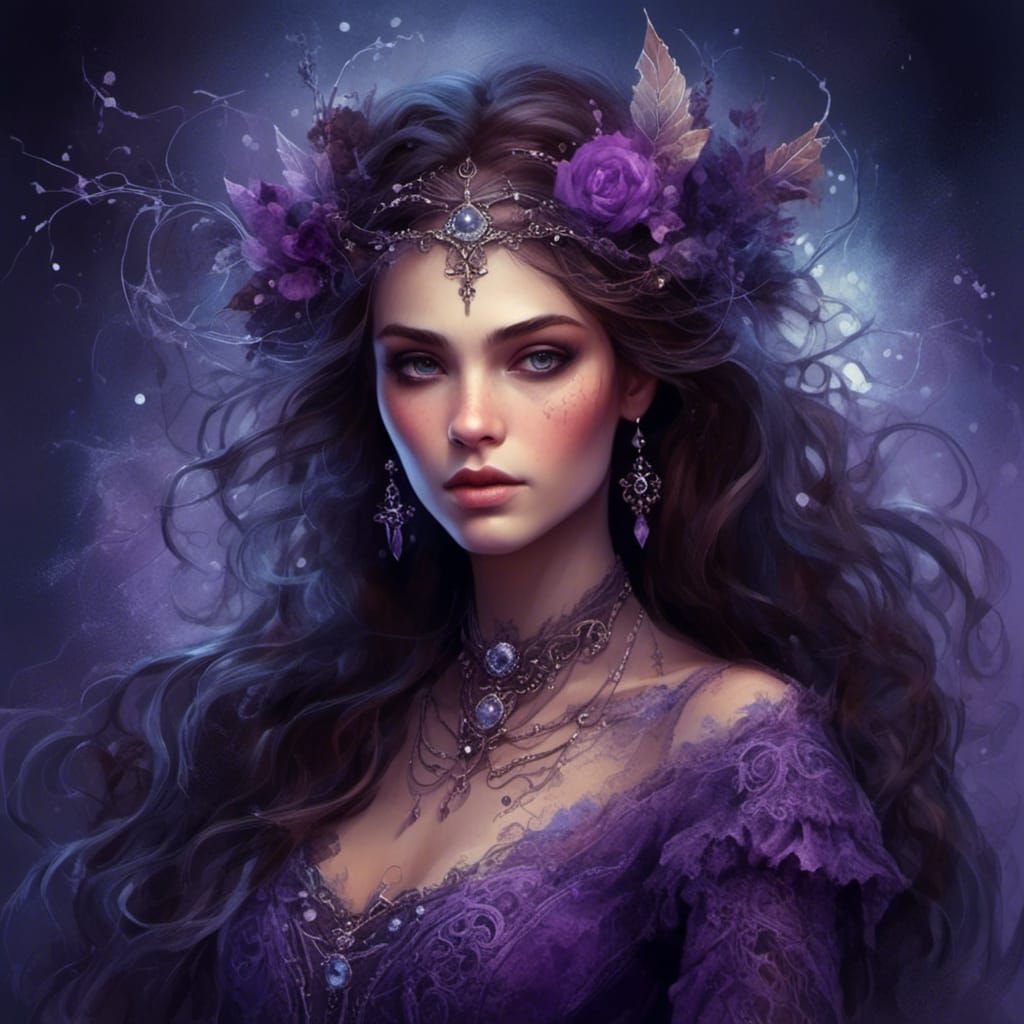 Ornate Witch in Purple Gown: Impressionist Portrait