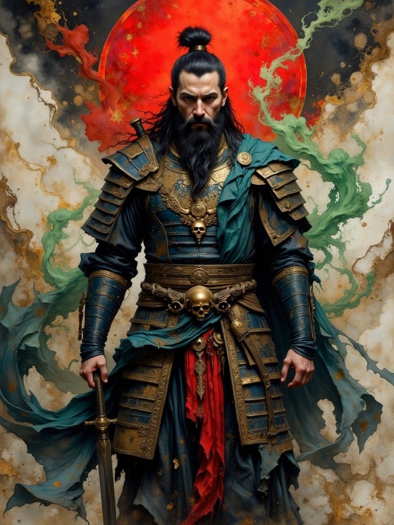 Asian Warrior General with Ornate Sword in Ukiyo-e Style