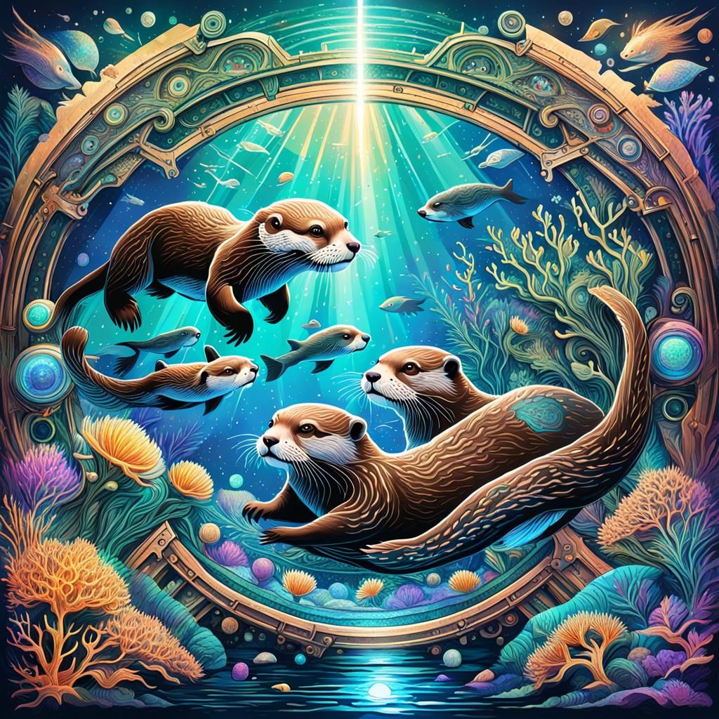 "the bottom of the sea with intricate currents, and in the main shot a family of otters playing with each other" 8k reso...