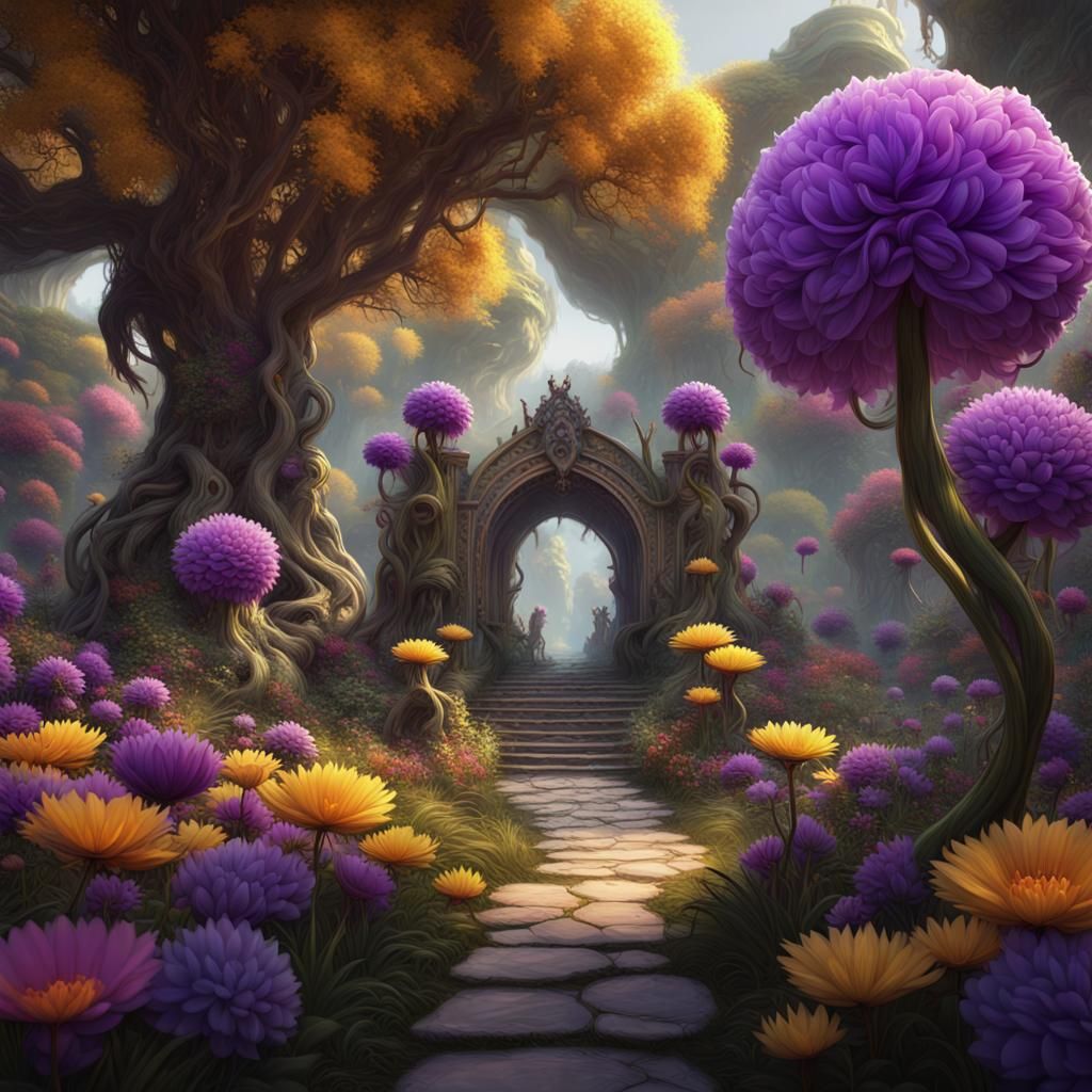 Mystical Garden with Giant Flowers and Trees