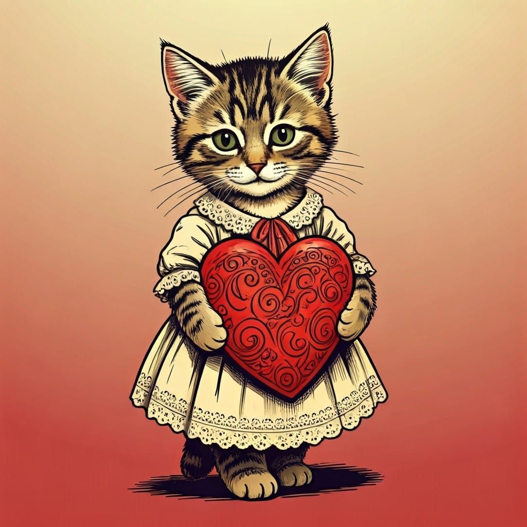 Style of Tenniel, a black and white drawing of a tabby kitten in a dress carrying a red heart saying 'Be my Valentine '