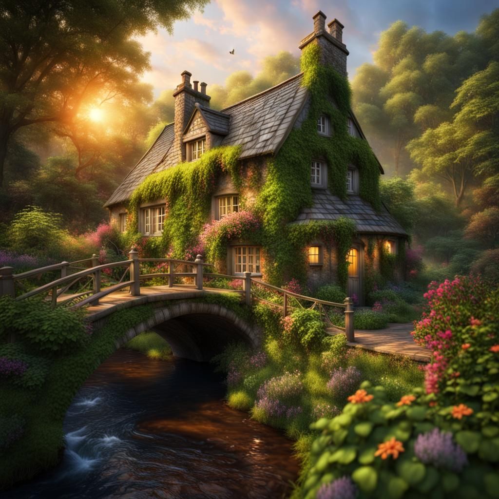 Enchanted Scottish Cottage in Forest at Sunrise