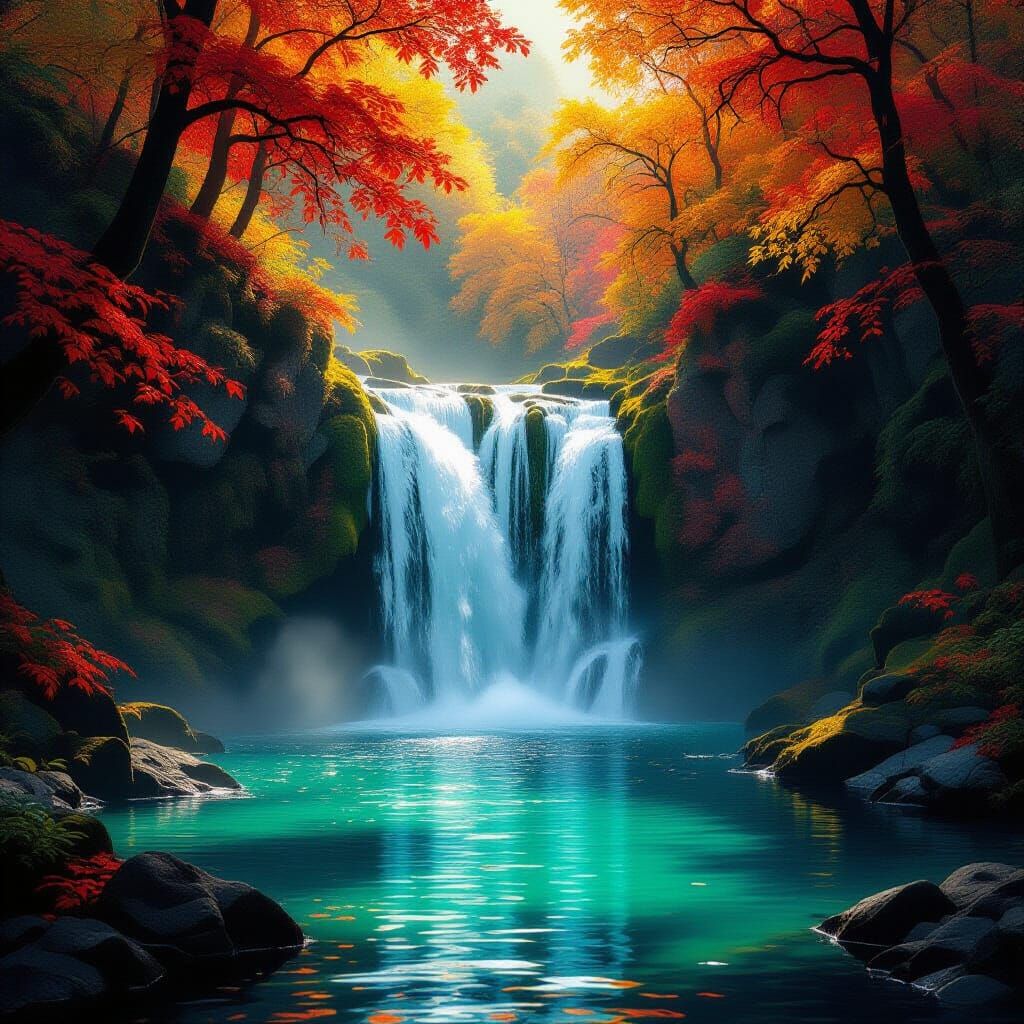 Luminous Autumn Waterfall in Ethereal Light