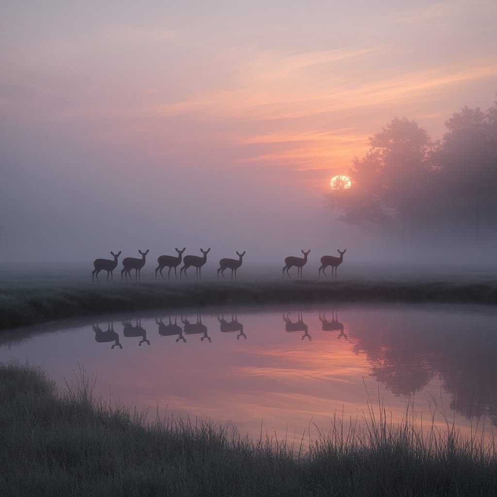 Deer Silhouettes at Misty Waterhole in Digital Painting