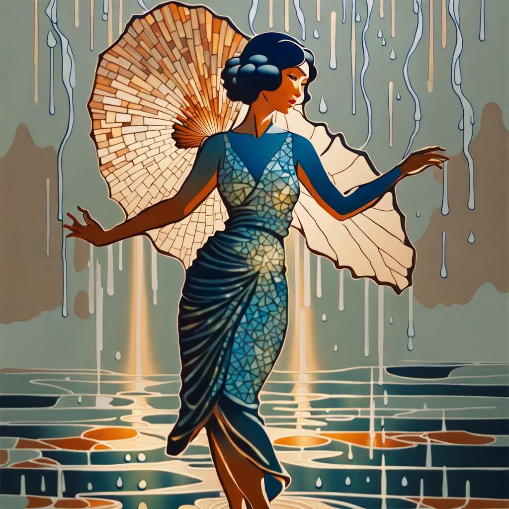 Ukiyo-e Woman Dancing in Rain with Ceramic Glaze