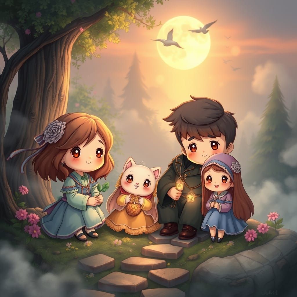 Ethereal Chibi Family Portrait in Whimsical Fantasy Landscap...