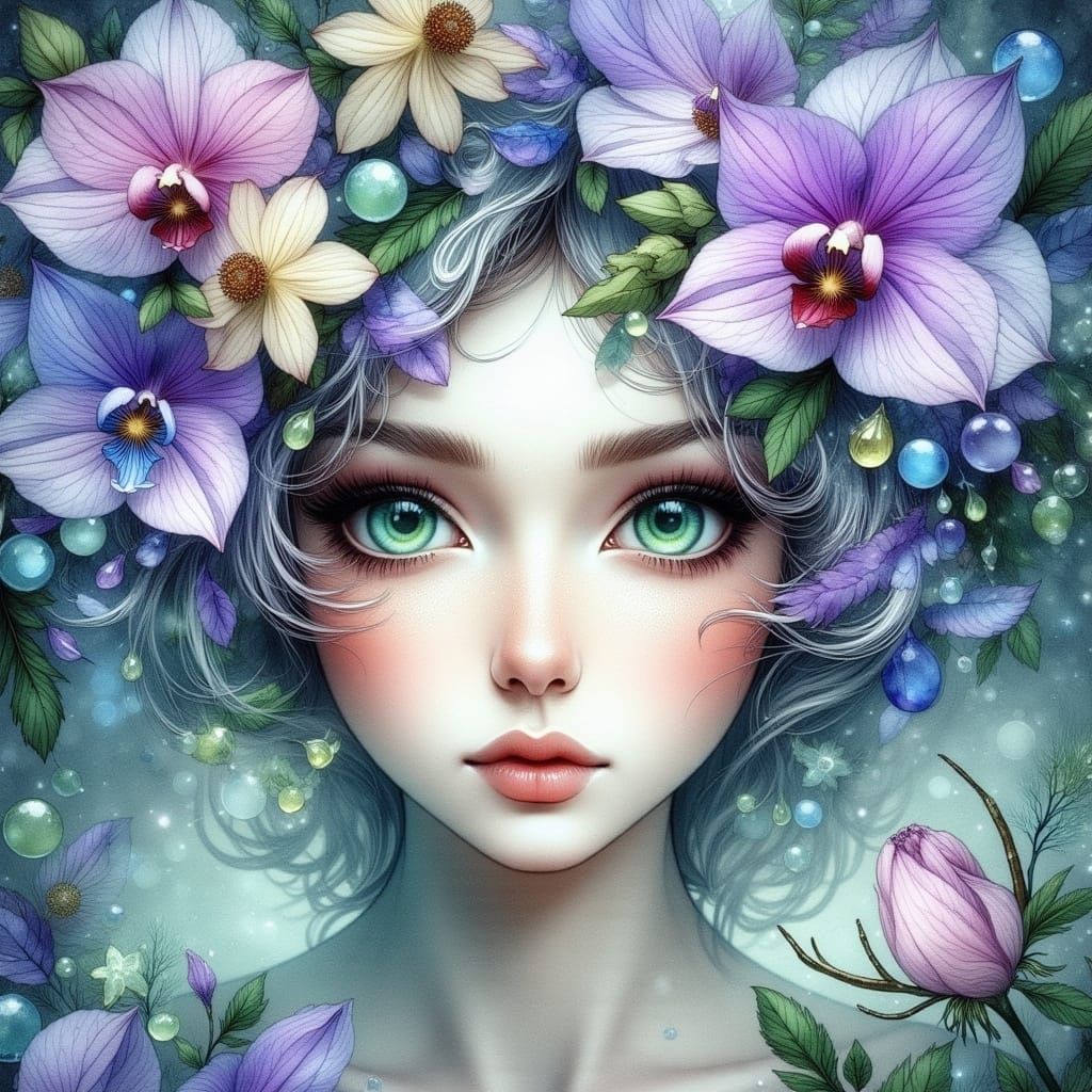 Ethereal Goddess in Jeweled Headdress with Exotic Flowers