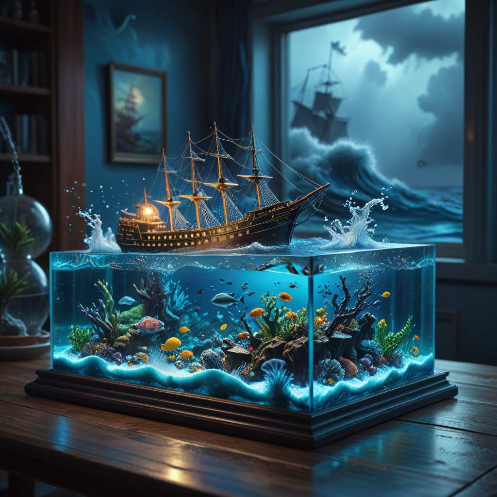 Surreal Ship in Aquarium on Stormy Sea