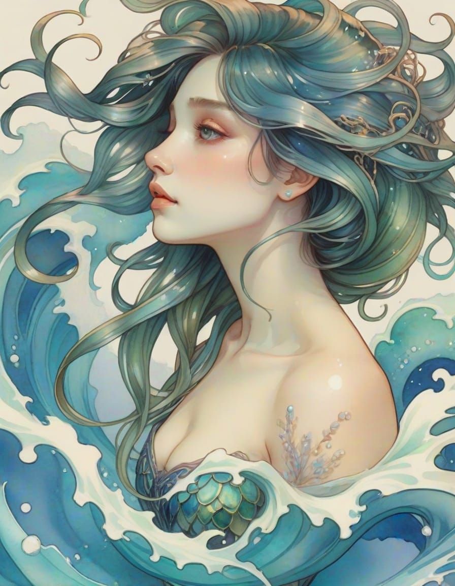 Watercolor Art Nouveau Woman Transforms to Sea Creature