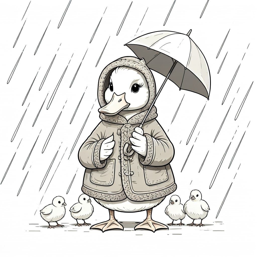 Whimsical Rainy Day Scene with Duck and Chicks