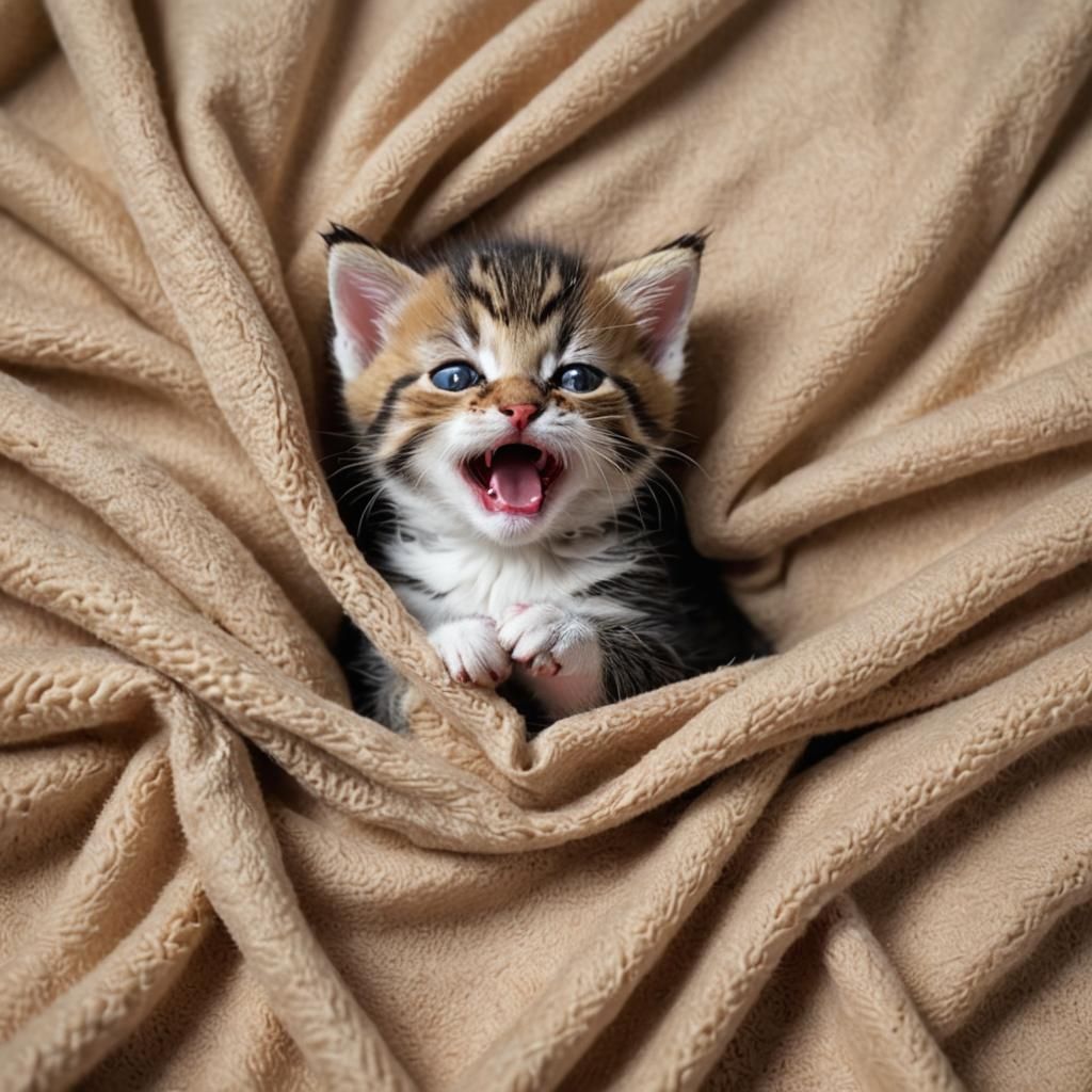 Cute Kitten Yawning in Blanket, Soft Focus