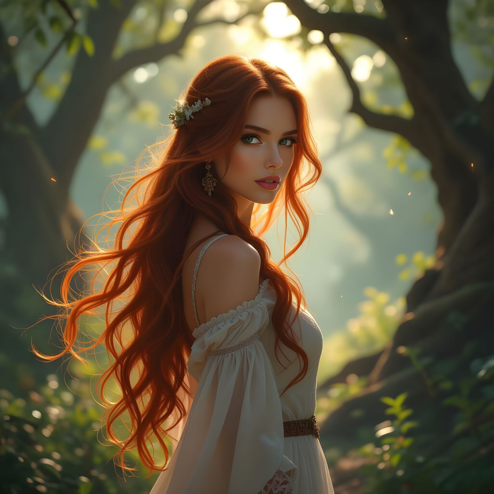 Ethereal Woman in Ancient Grove: Surreal Portrait