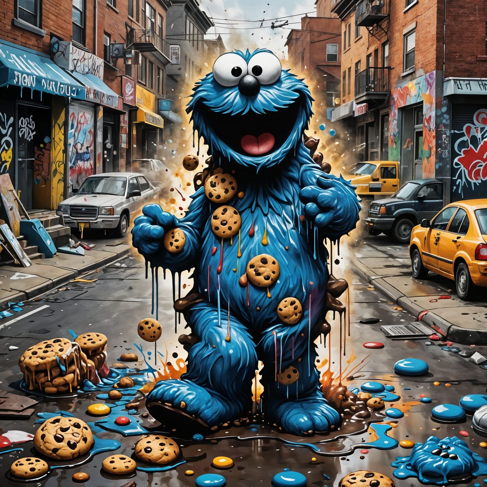 cookie monster stomping all over a small town