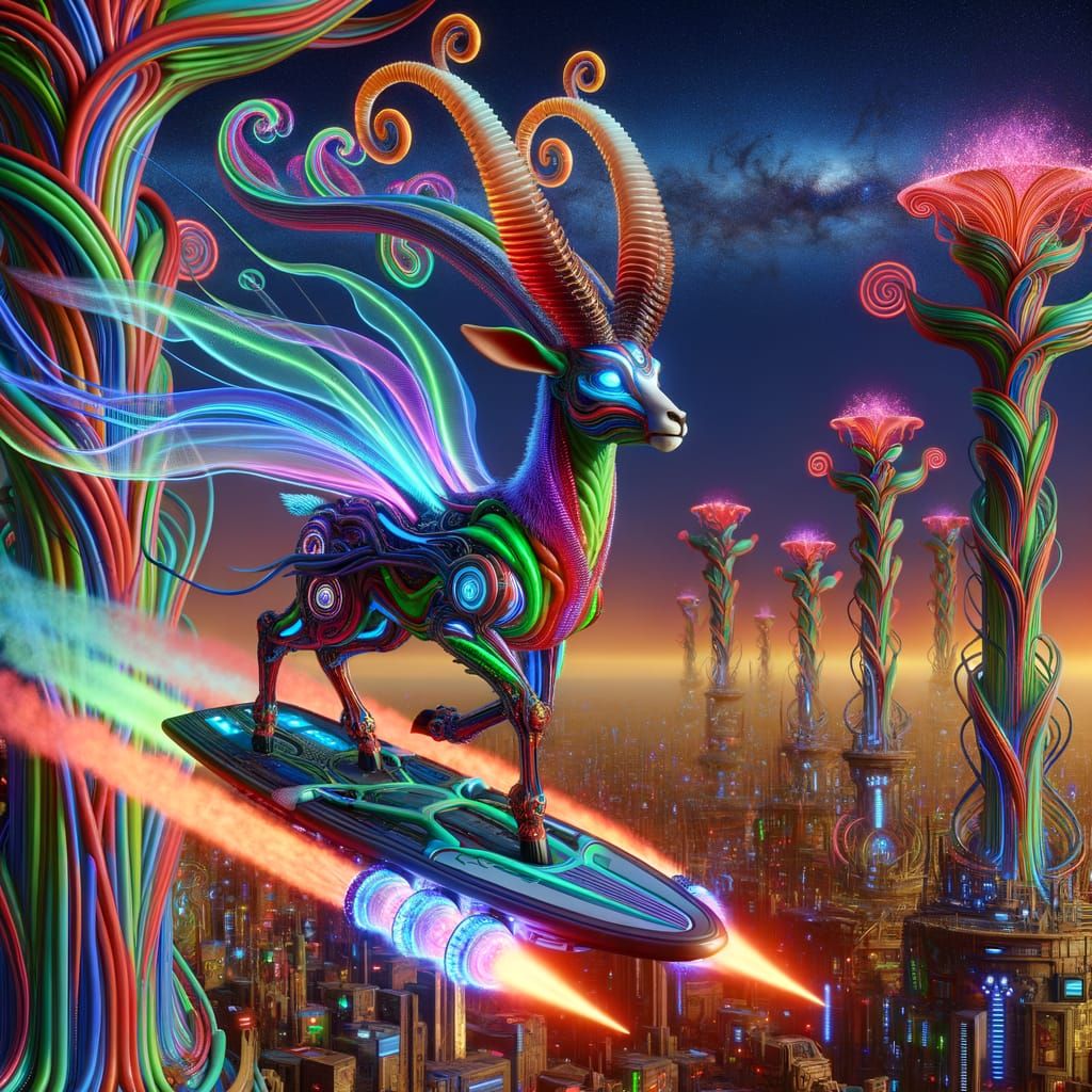Fantasy Antelope Soars Above Futuristic City