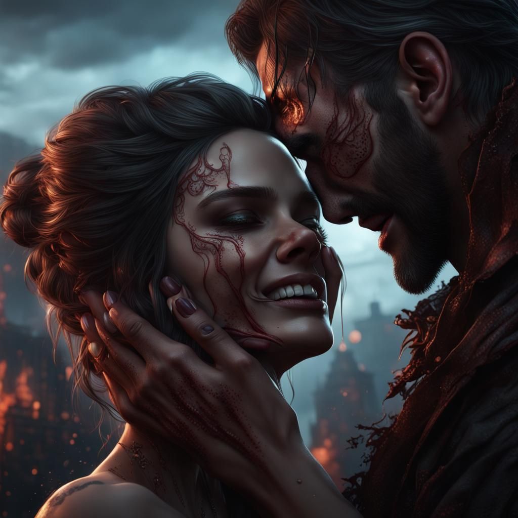 Dark Matte Painting of a Man Grabbing a Crying Woman