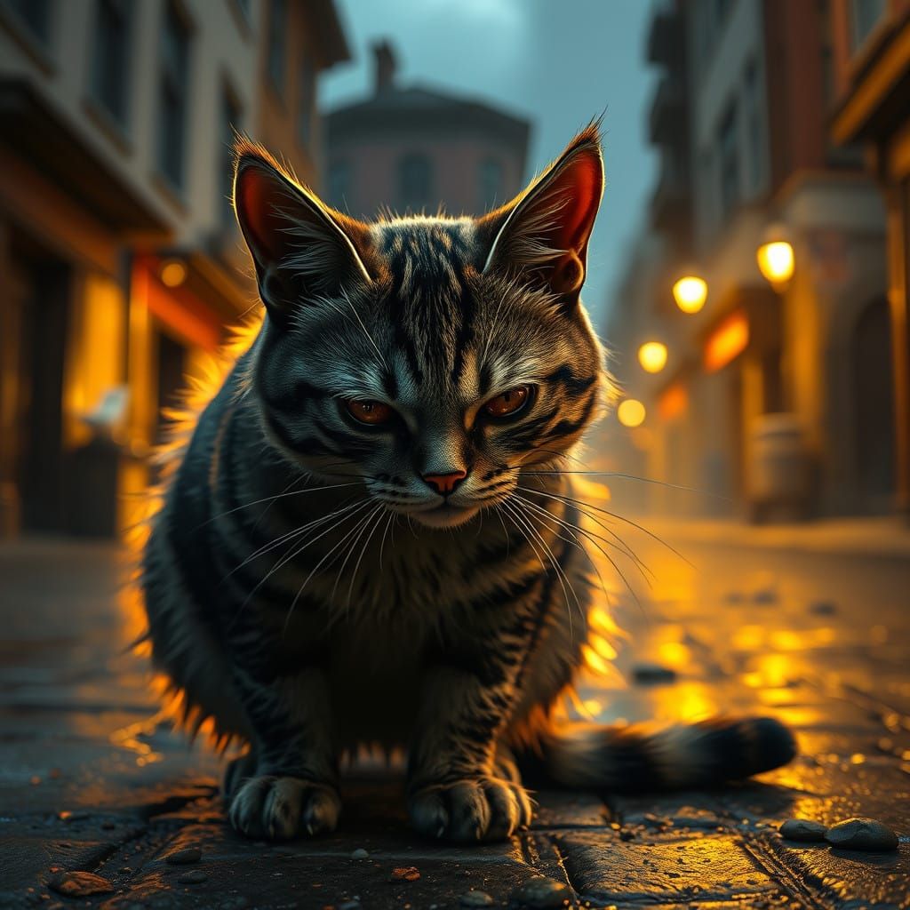 A Detailed Fantasy Feline in a Fantastical Urban Setting