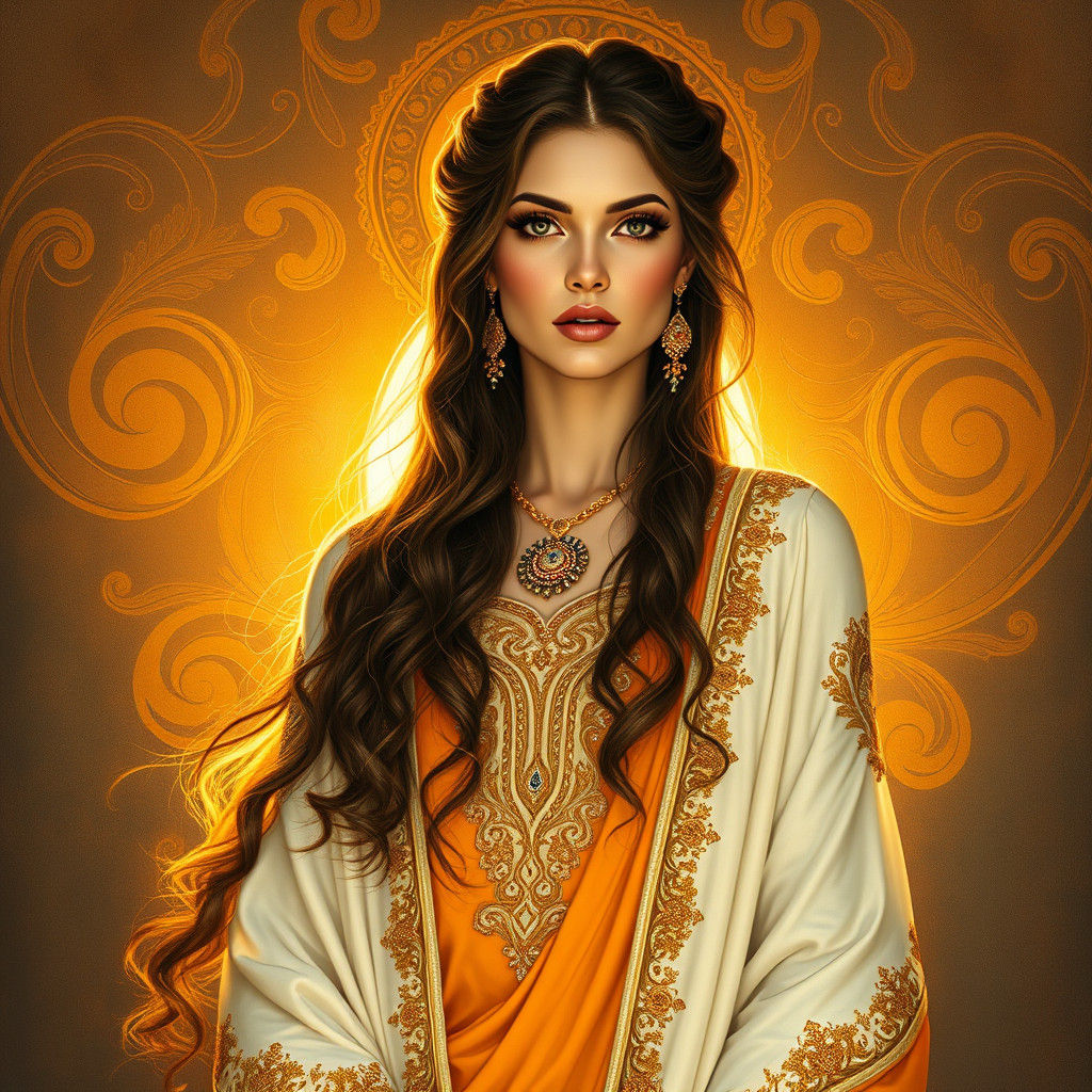 Majestic Woman in Saffron Dress, Pre-Raphaelite Style