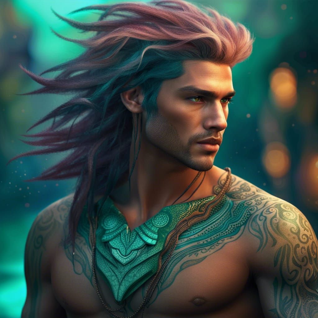 Handsome Male Siren with Teal Hair in Fantasy Art