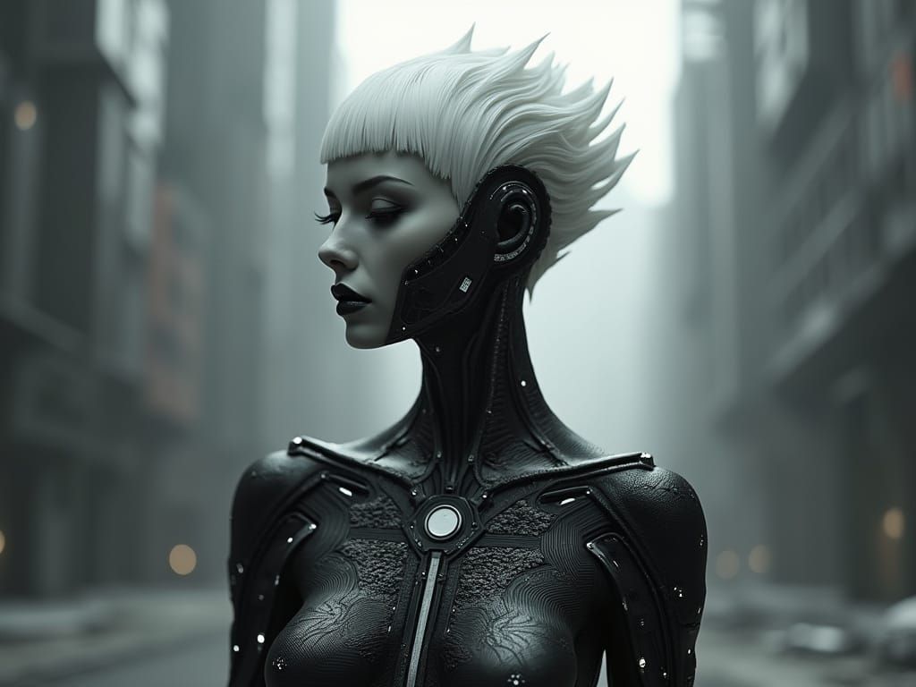 front view of A solitary female replicant, its form composed...