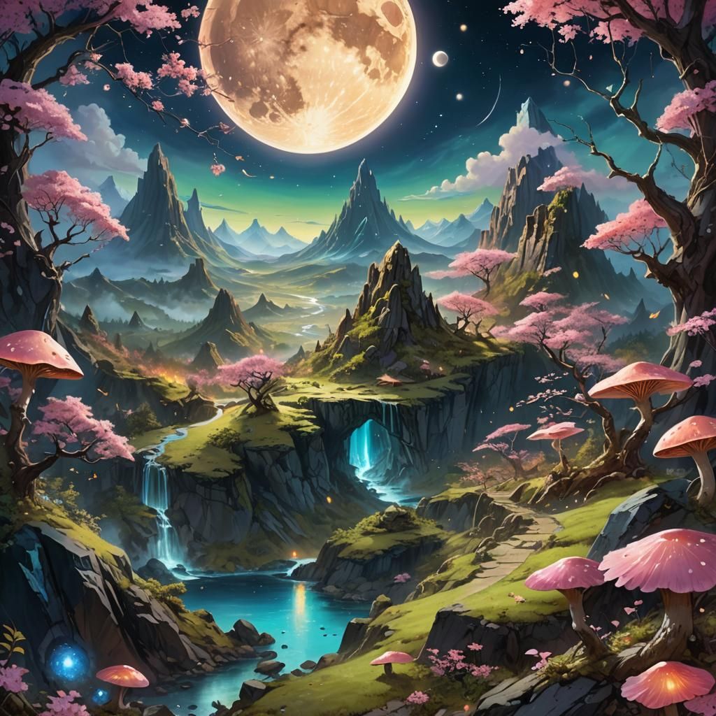Gemstone Mountain Under Moonlight: Fantasy Landscape Art