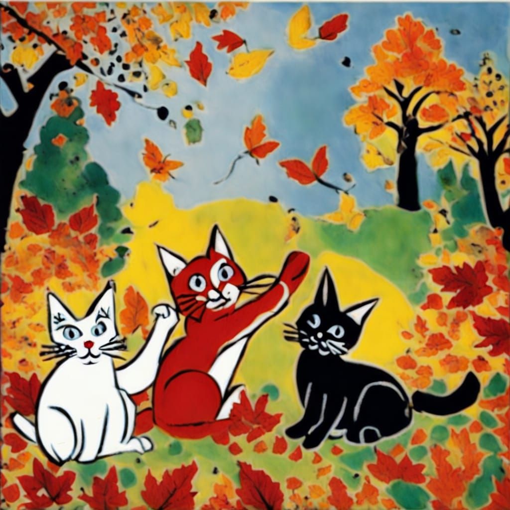Cats and Rabbit Play in Autumn Leaves