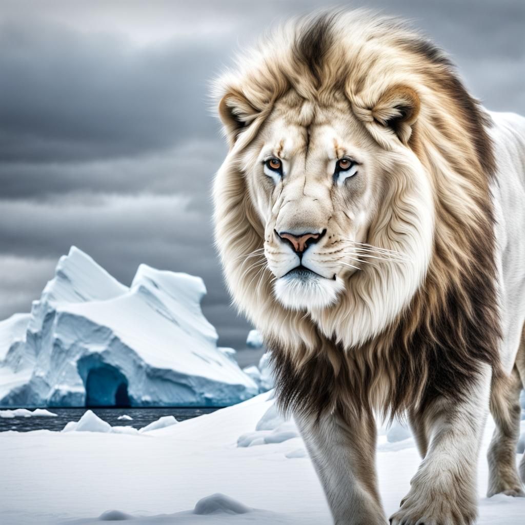 Albino Lion Prowls Antarctic Landscape in Hyperreal Detail