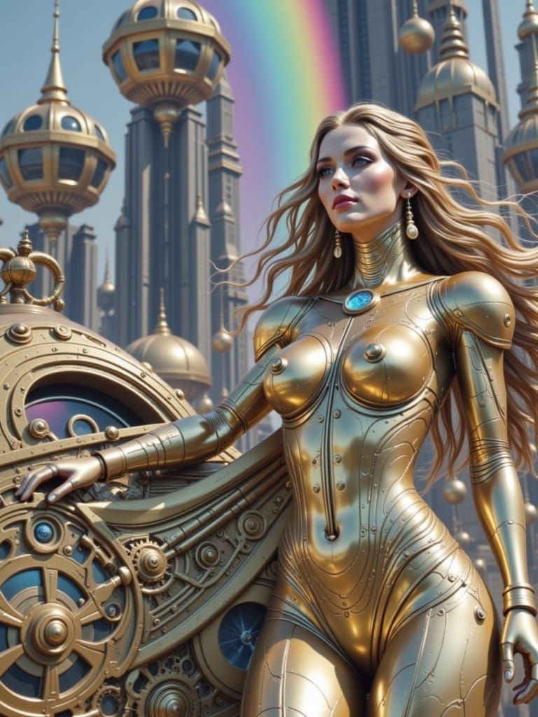 Brass Clockwork Goddess with Steel Blue Eyes, Retro-Futurist...