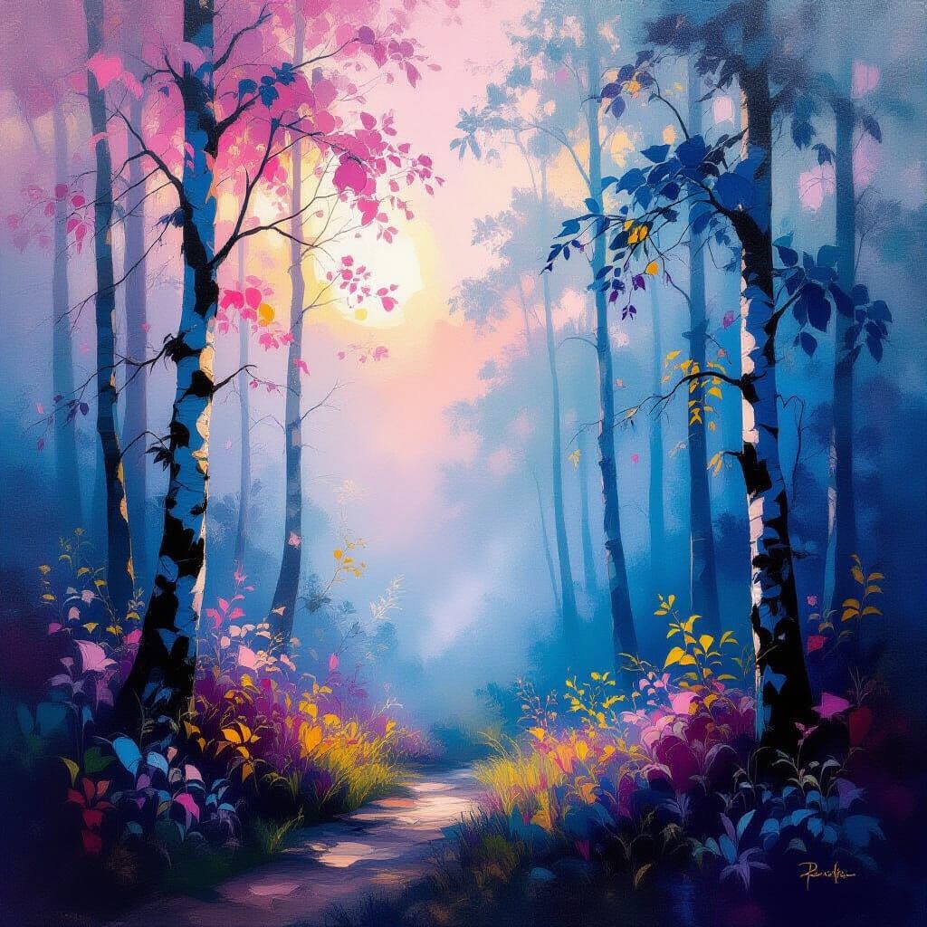 Misty Forest: Impressionistic Painting with Luminous Colors