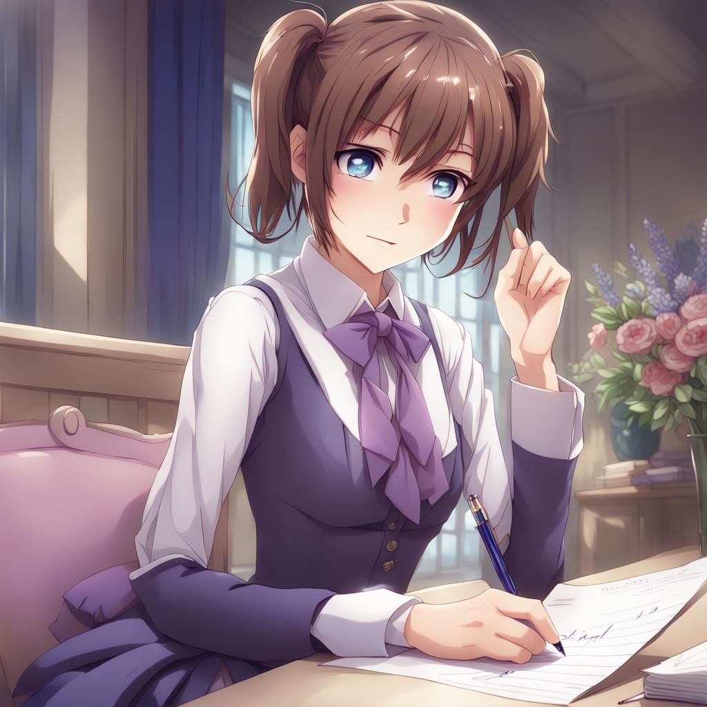 Anime Girl Writes Letter in Manga Style