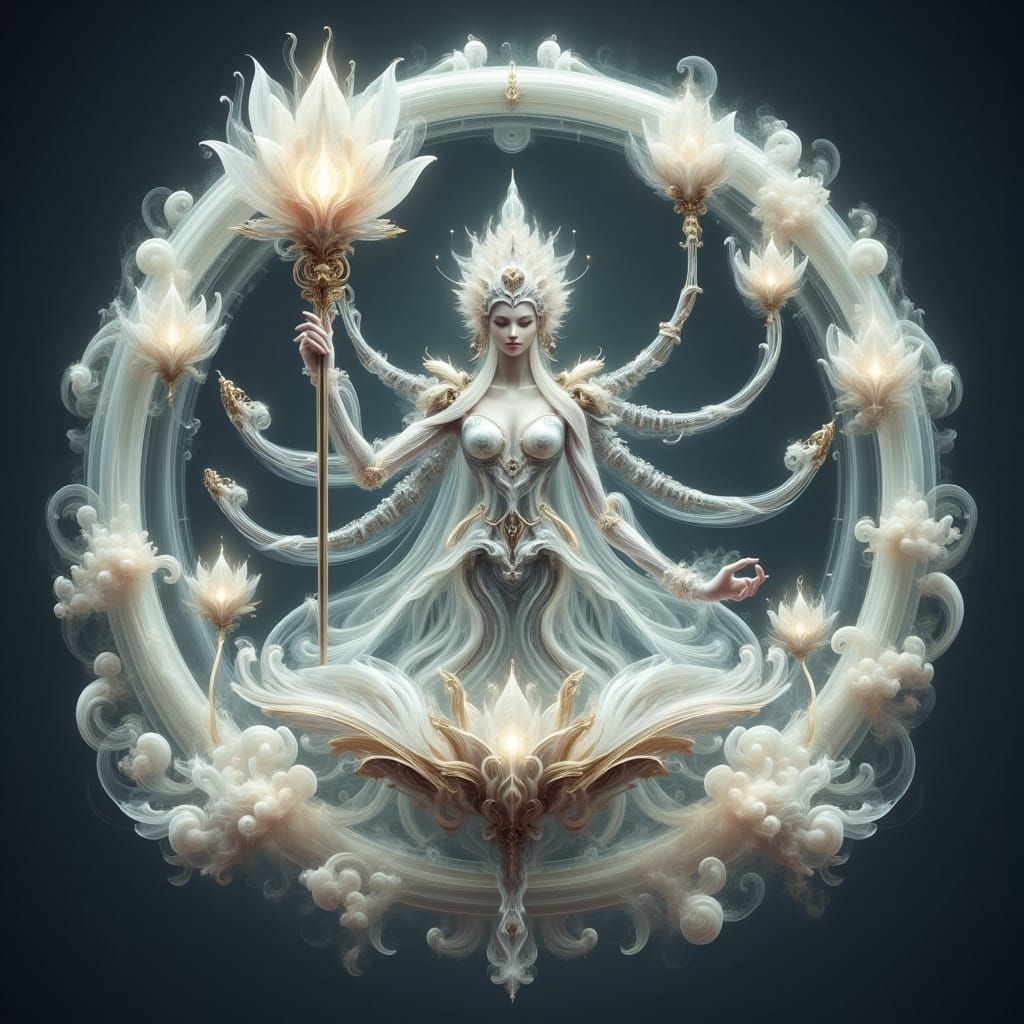 Steampunk Moon Tara Deity with Mechanical Arms