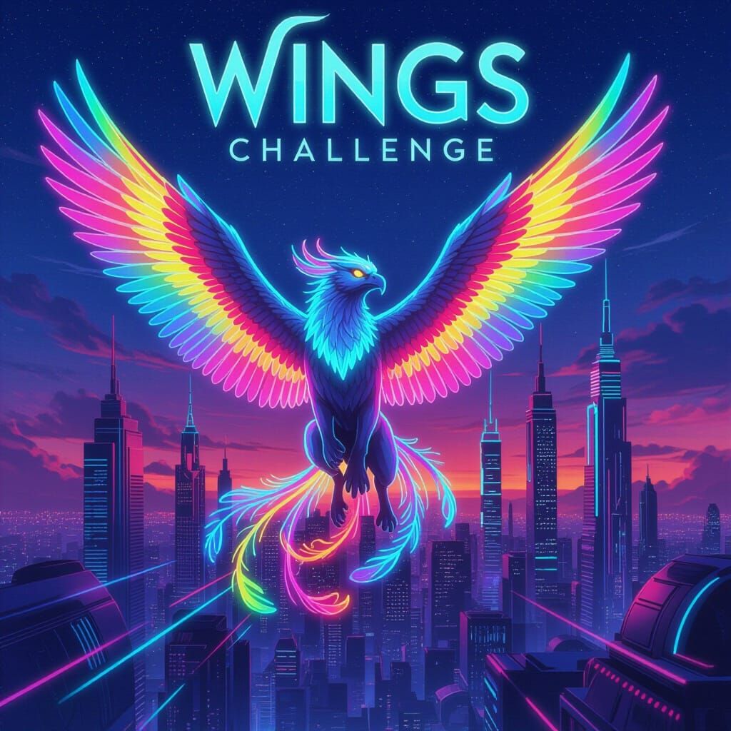 Neon Gryphon Soaring Over Cyberpunk Metropolis