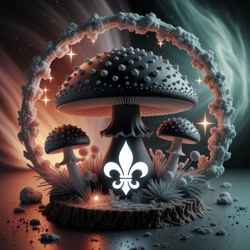 Ethereal Mushroom with Fleur de Lis in Cosmic Setting
