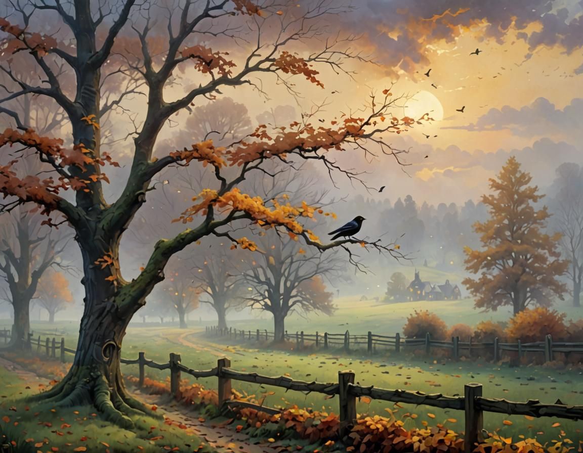 Blackbird on Autumnal Tree in Ethereal Mist
